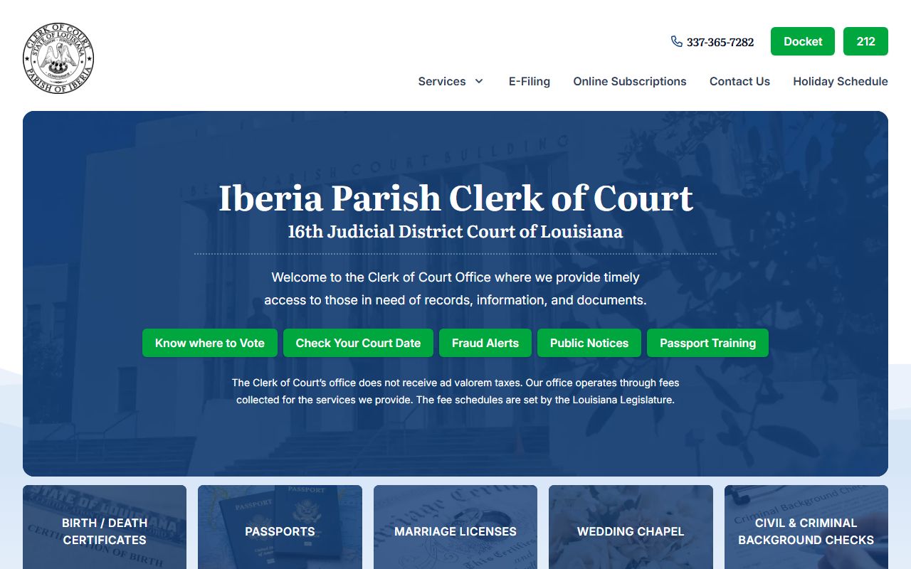 Iberia Parish Clerk of Court homepage for New Iberia probate and succession records