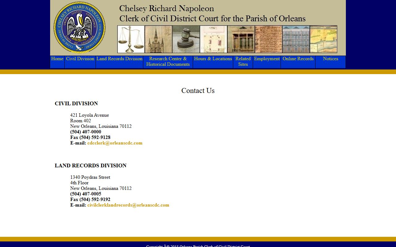 Contact page for Orleans Civil District Court probate and succession records