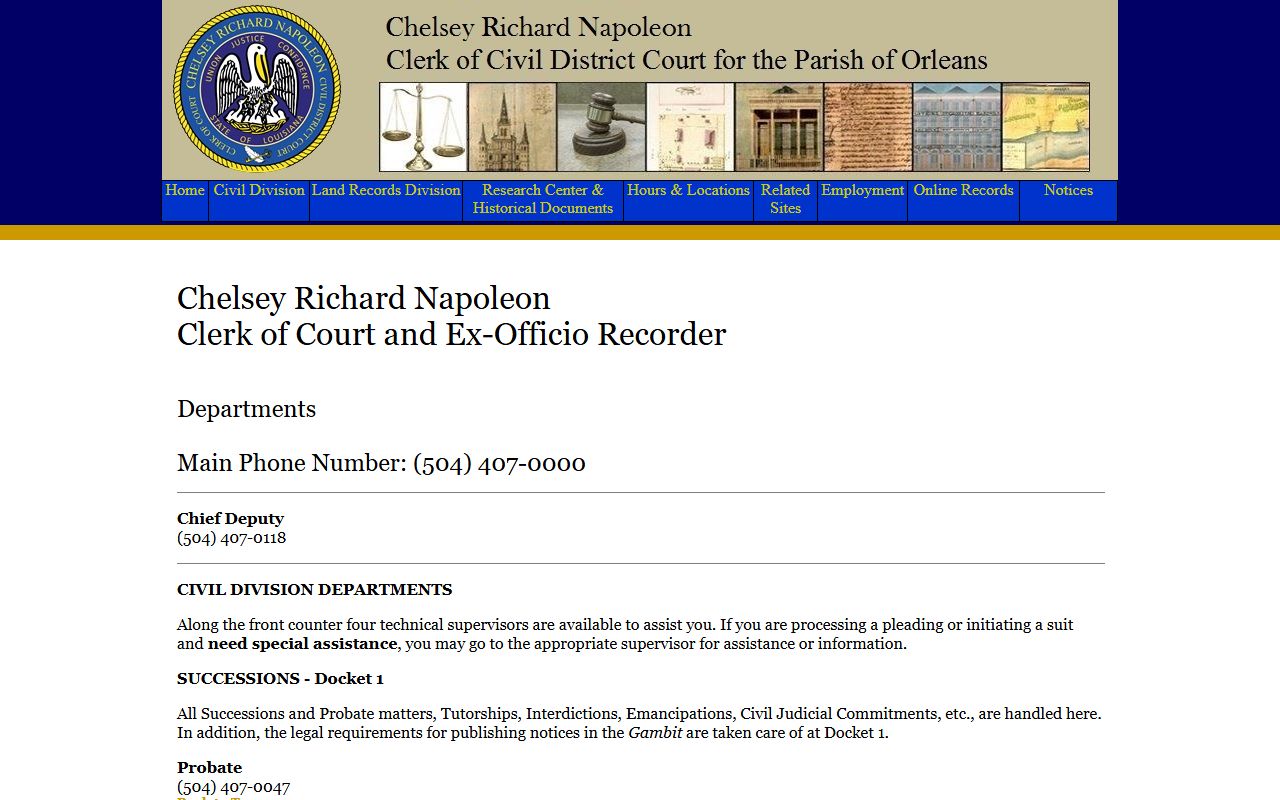 Orleans Civil District Court departments page for New Orleans probate succession records