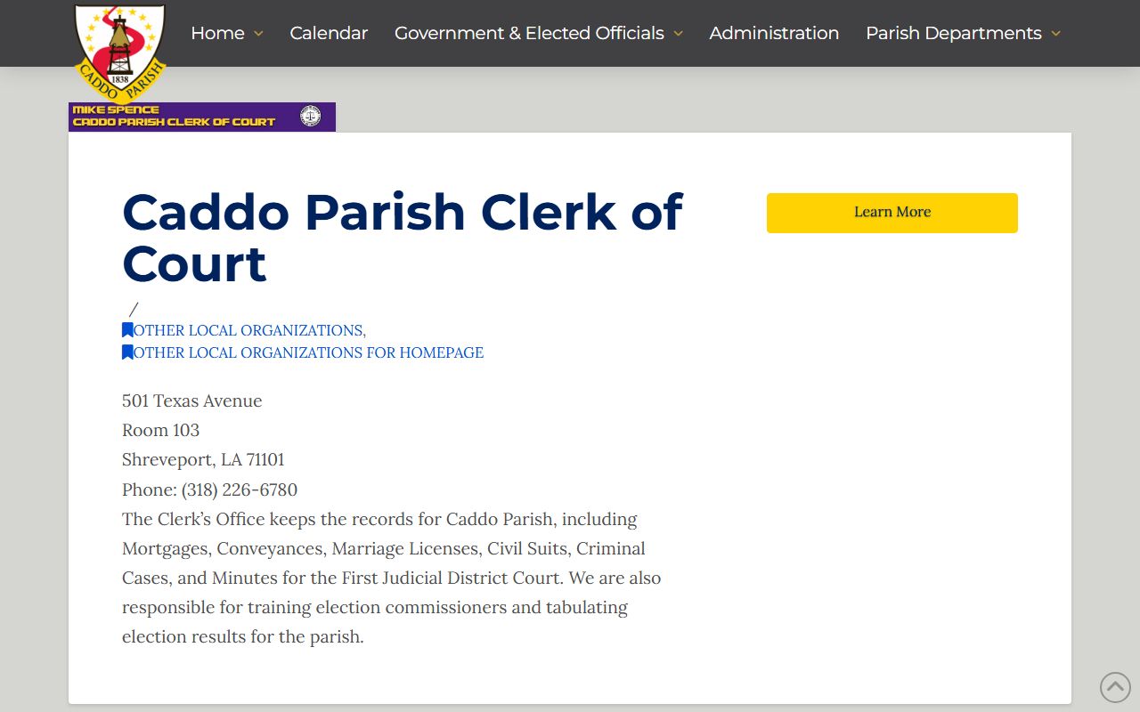 Caddo Parish Clerk of Court information page for Shreveport probate succession records