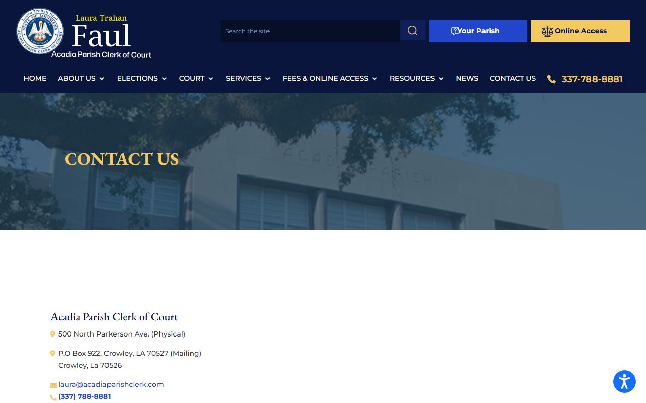 Contact page for Acadia Parish Clerk of Court probate records