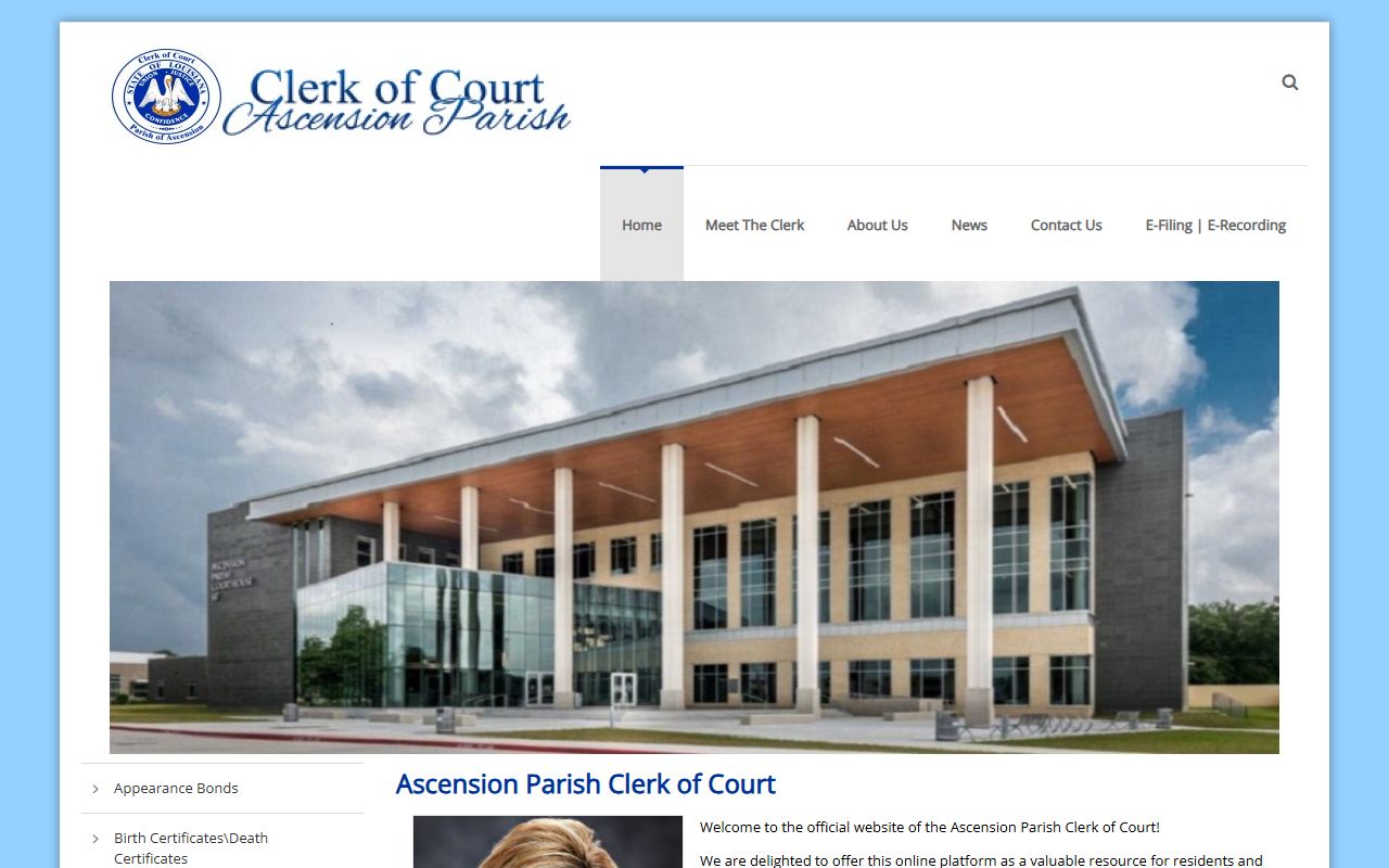 Ascension Parish Clerk of Court homepage for probate court records