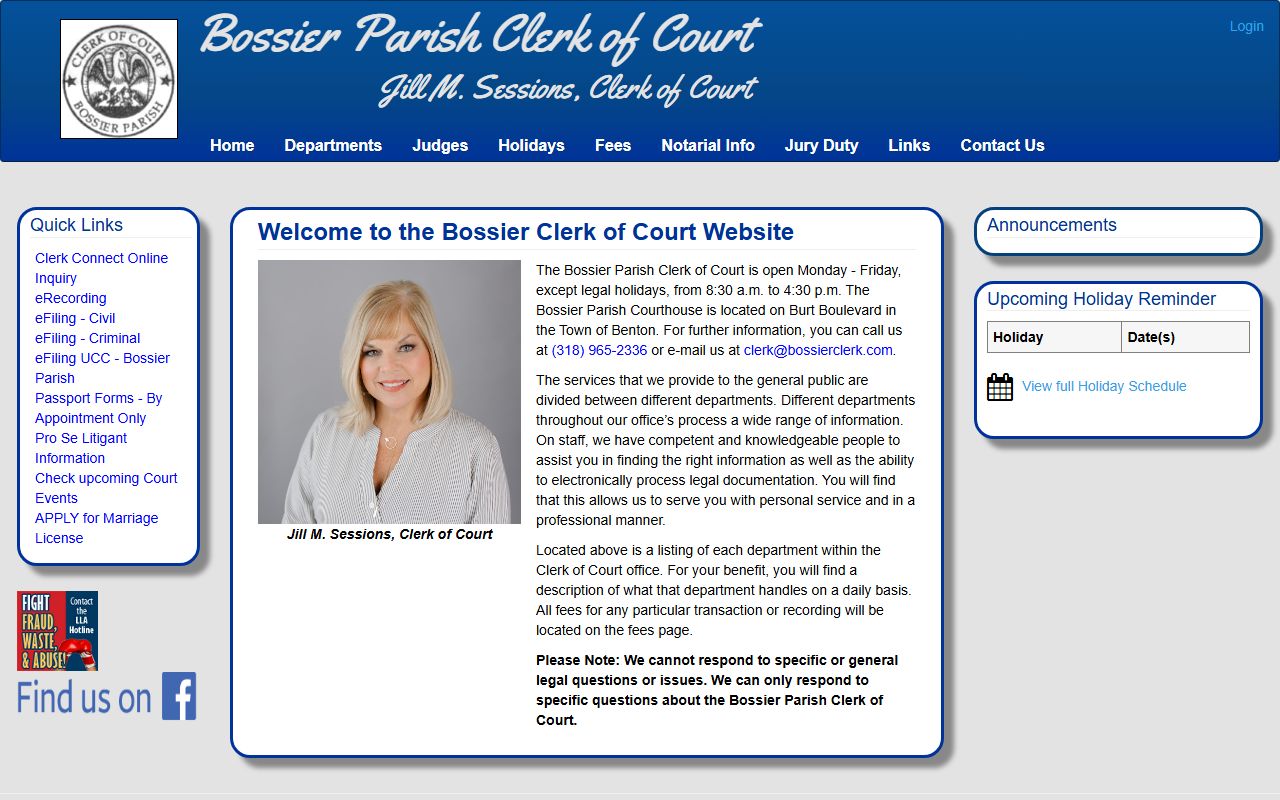Bossier Parish Clerk of Court homepage for probate court records