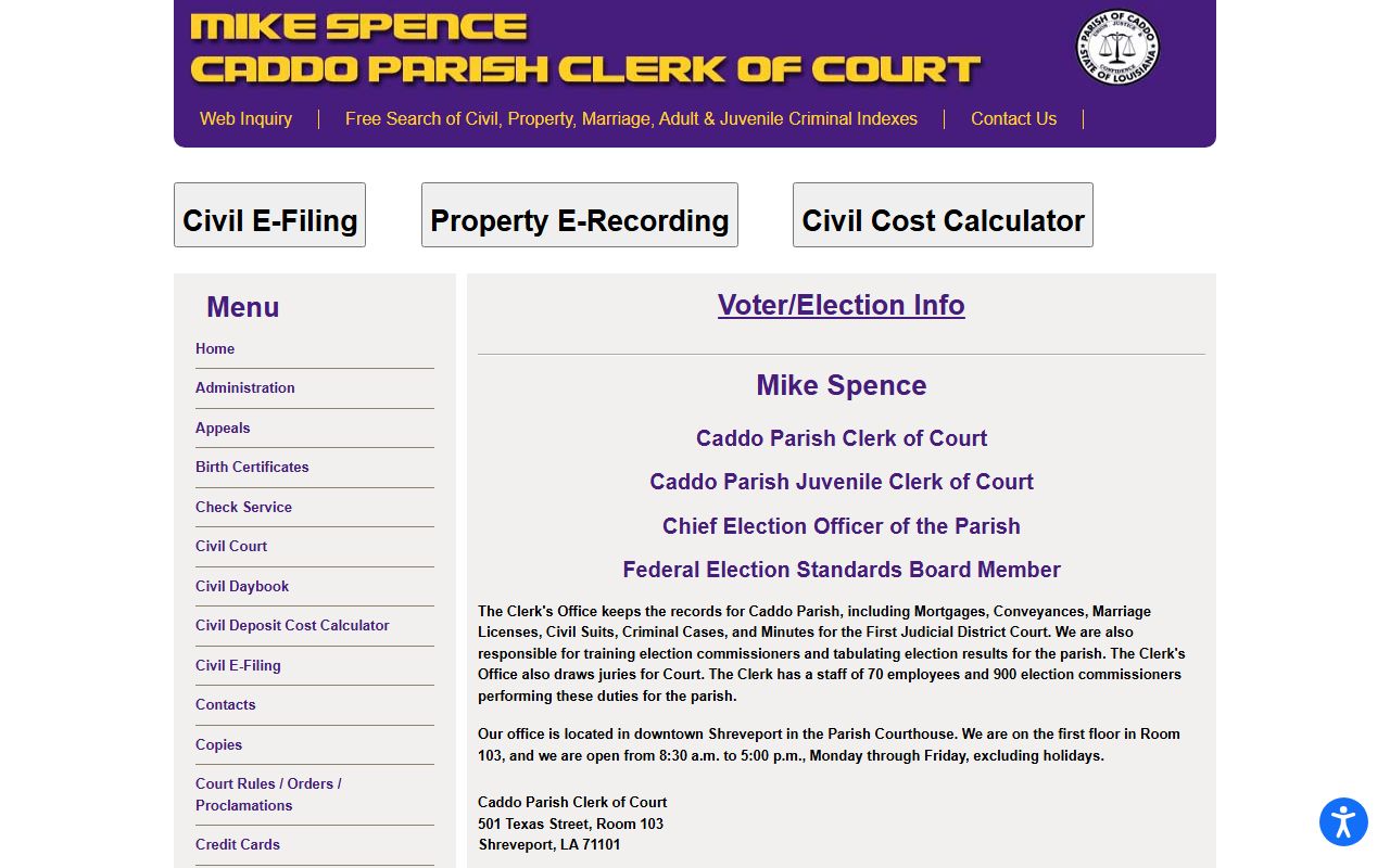 Caddo Parish Clerk of Court homepage for probate and succession records