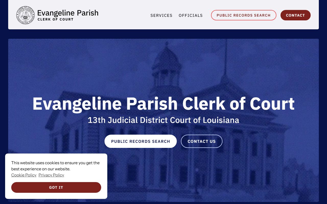 Evangeline Parish Clerk of Court homepage for probate court records