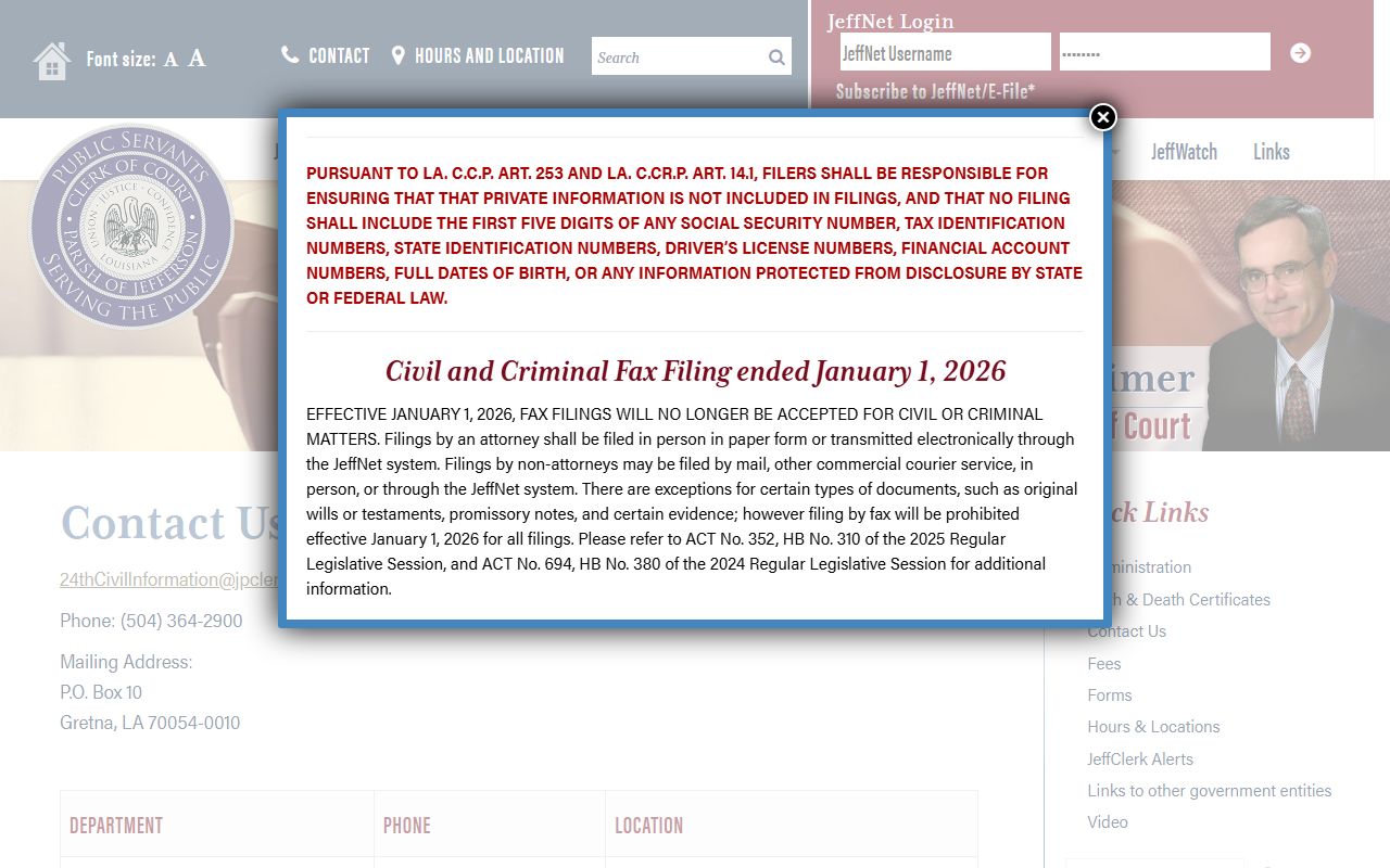 Jefferson Parish Clerk of Court contact page for probate succession records