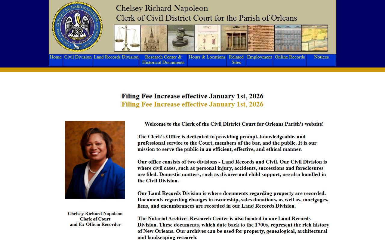 Orleans Parish Civil District Court Clerk homepage for probate court records