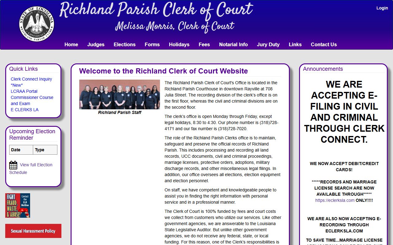 Richland Parish Clerk of Court homepage for probate and succession records in Rayville Louisiana