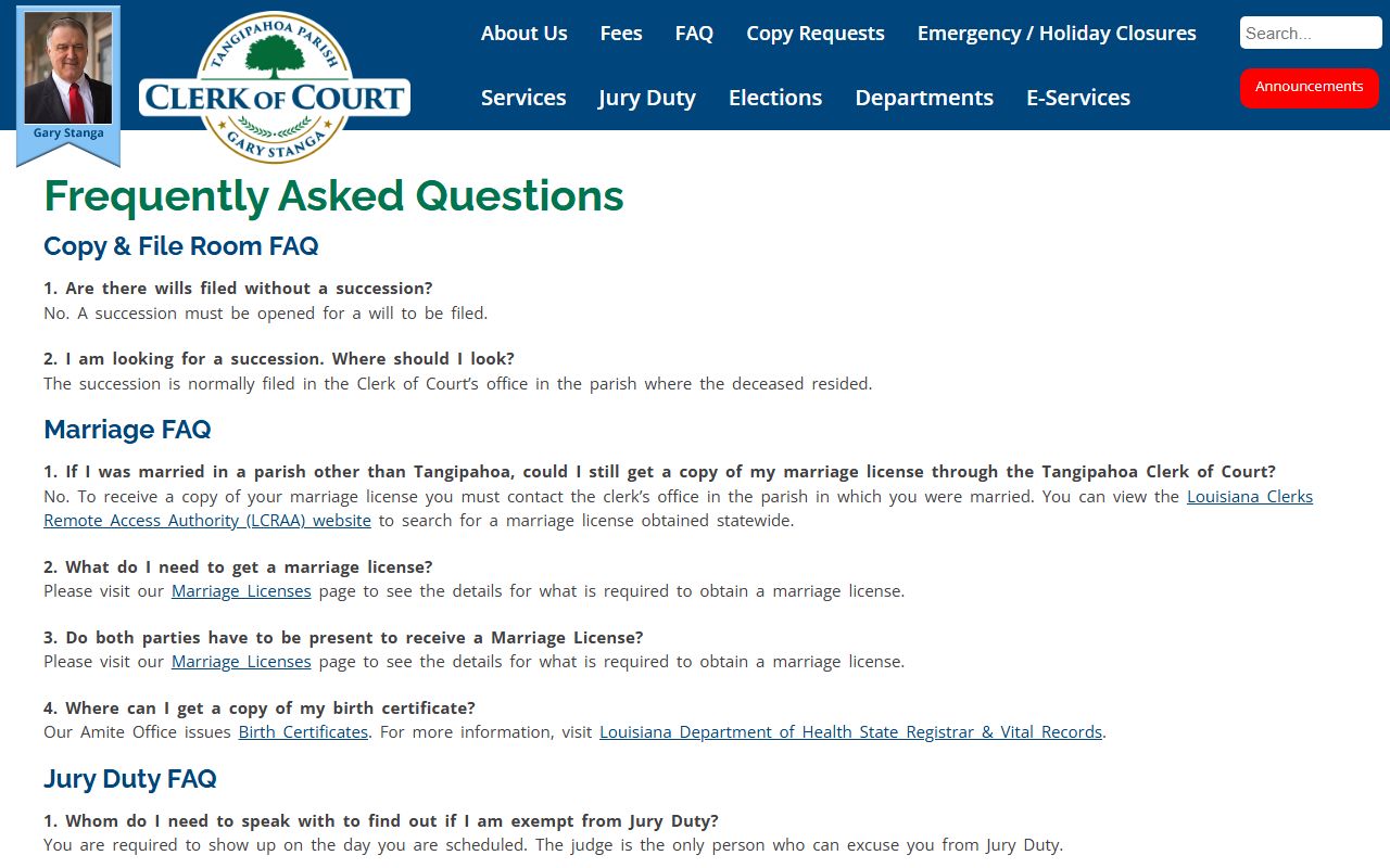Tangipahoa Parish Clerk FAQ and eSearch tools for probate succession records