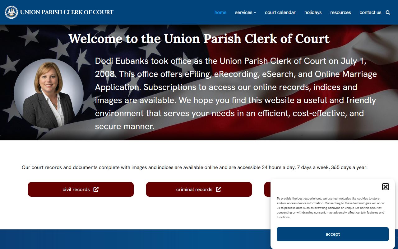 Union Parish Clerk of Court homepage for probate court records