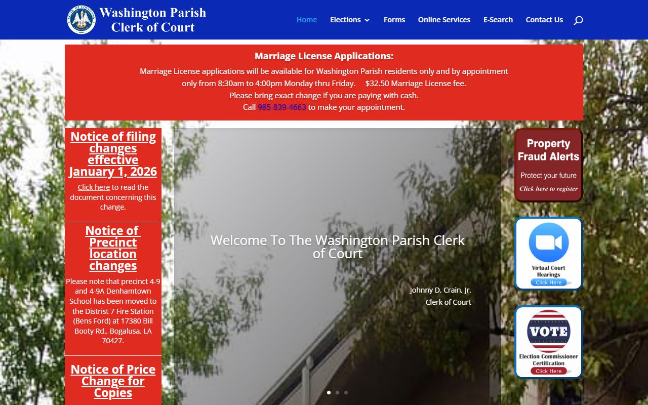 Washington Parish Clerk of Court homepage for probate court records